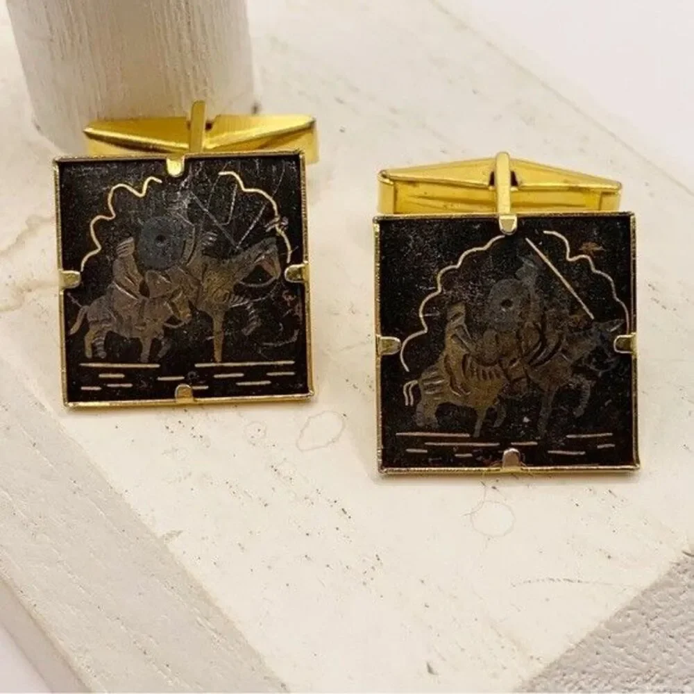 Vintage damascene men’s cufflinks men on horses black gold